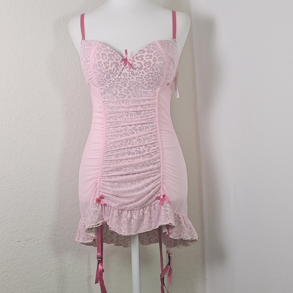 Pink Leopard Print Bustier Slip Dress w/ Garter Straps by Native Intimates, Sz L - Picture 1 of 15